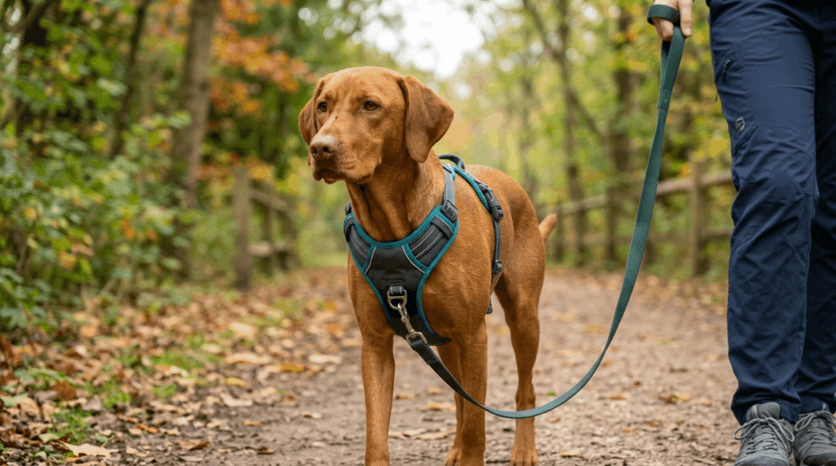 Dog wearing front-clip harness designed to prevent pulling on leash