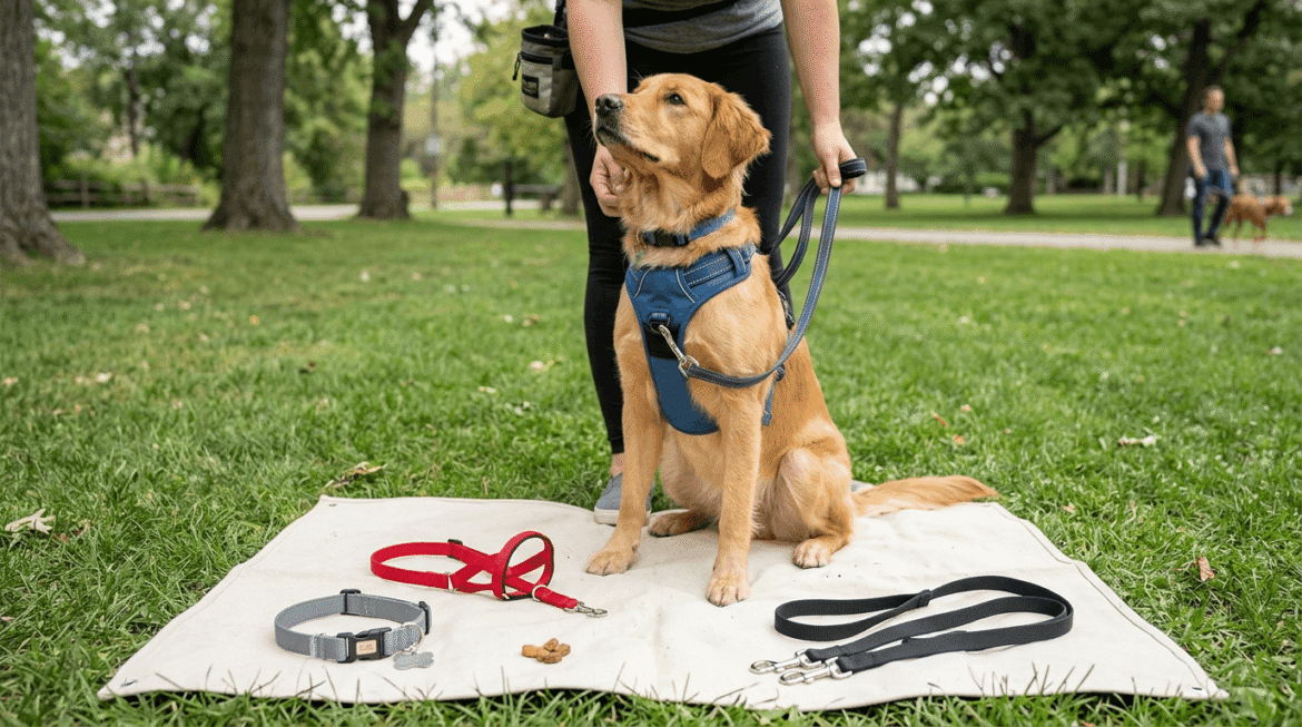 No-pull dog training tools including harnesses and leashes displayed