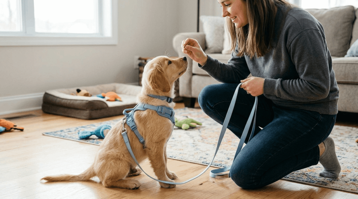 Puppy learning basic leash training with owner guidance