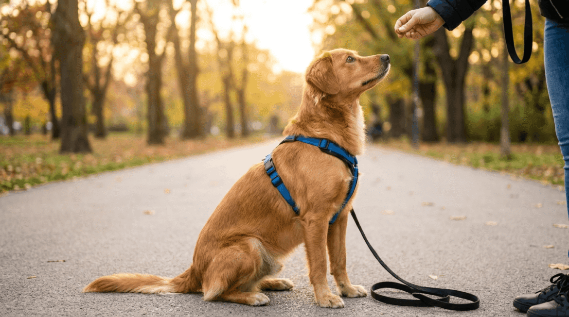 Dog training session showing calm walking techniques with owner