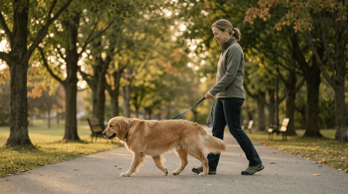 Peaceful dog walking calmly beside owner on relaxed stroll