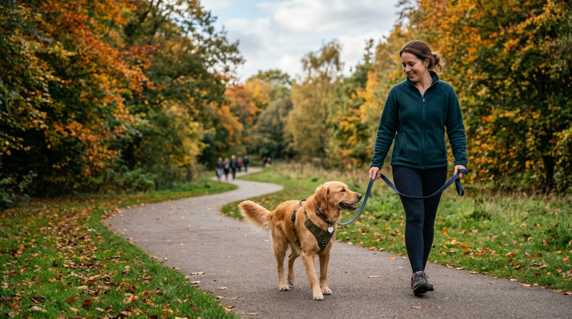 Dog and owner enjoying calm, peaceful leash walking together