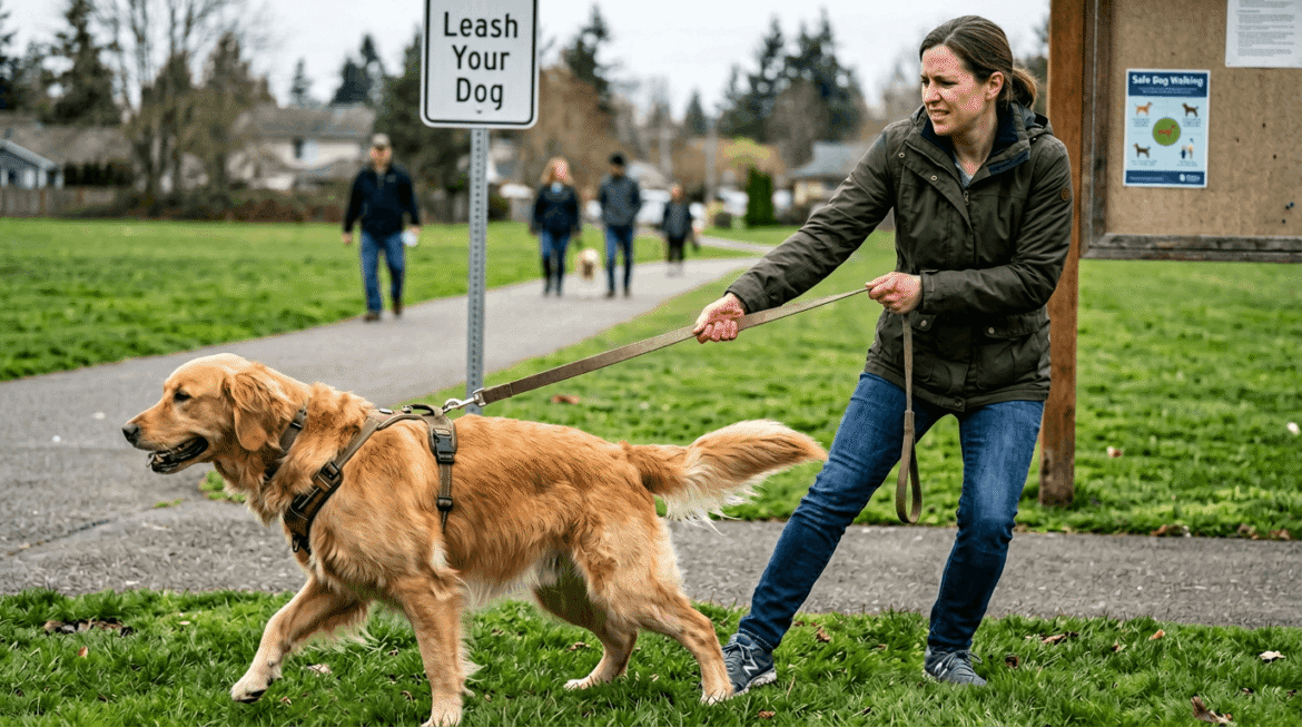 Illustration showing potential injuries from dogs pulling on leash