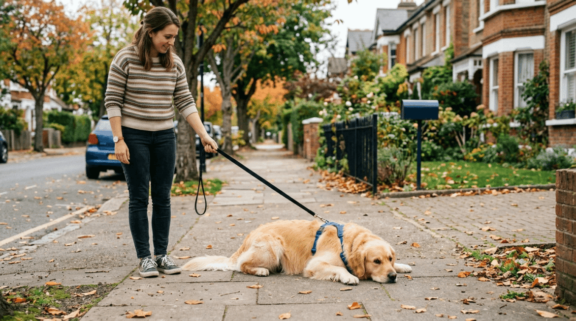 Dog refusing to walk and sitting or lying down on leash