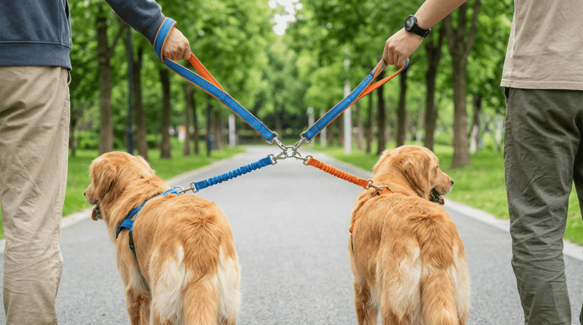Comparison of dual dog leash coupler versus separate individual leashes