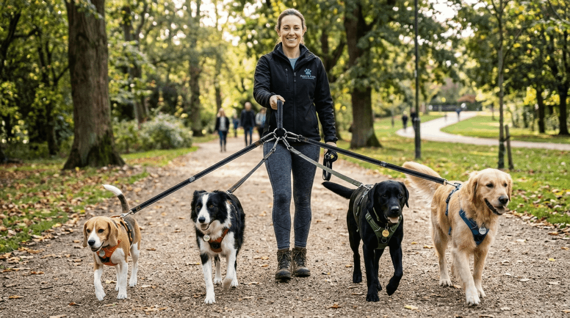 Multiple dog leash system for walking several dogs simultaneously