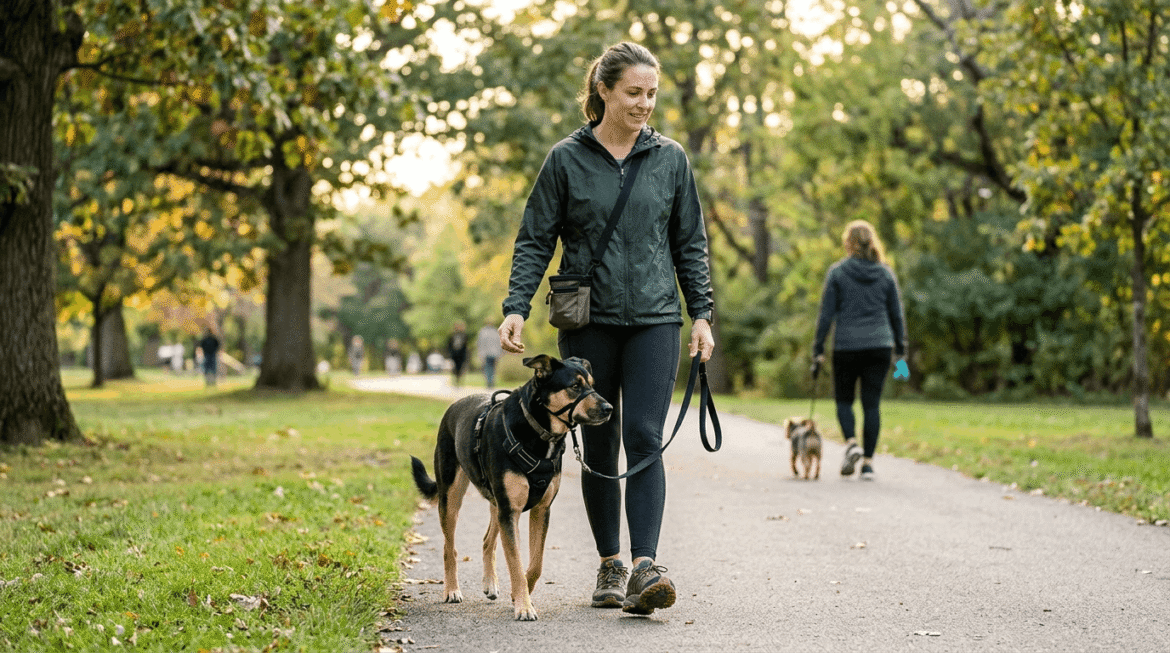 Owner safely walking reactive dog using proper management techniques