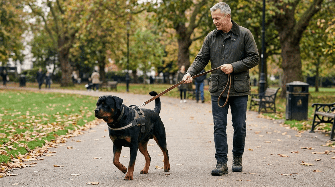Owner walking large powerful dog with proper control techniques