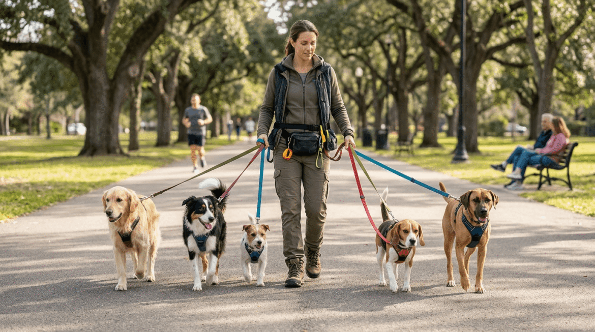 Person walking multiple dogs safely with proper leash management
