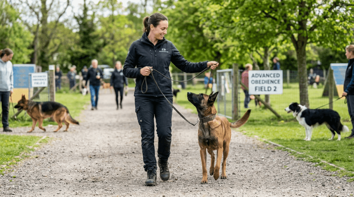 Advanced leash training featuring professional techniques with complex training exercises and precise heel position.