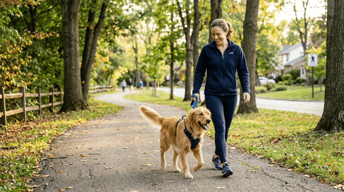 Consistent dog walking routine featuring regular daily walks and established healthy exercise habits.