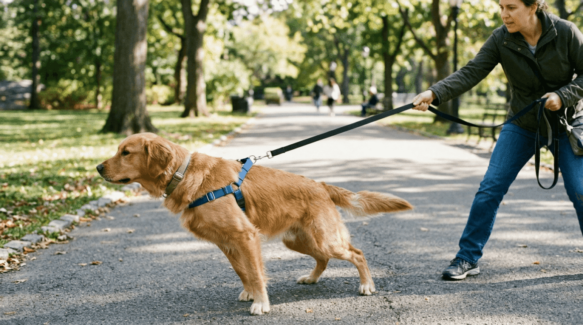 Leash pulling behavior showing dog exhibiting pulling problem with taut leash and challenging walking situation.
