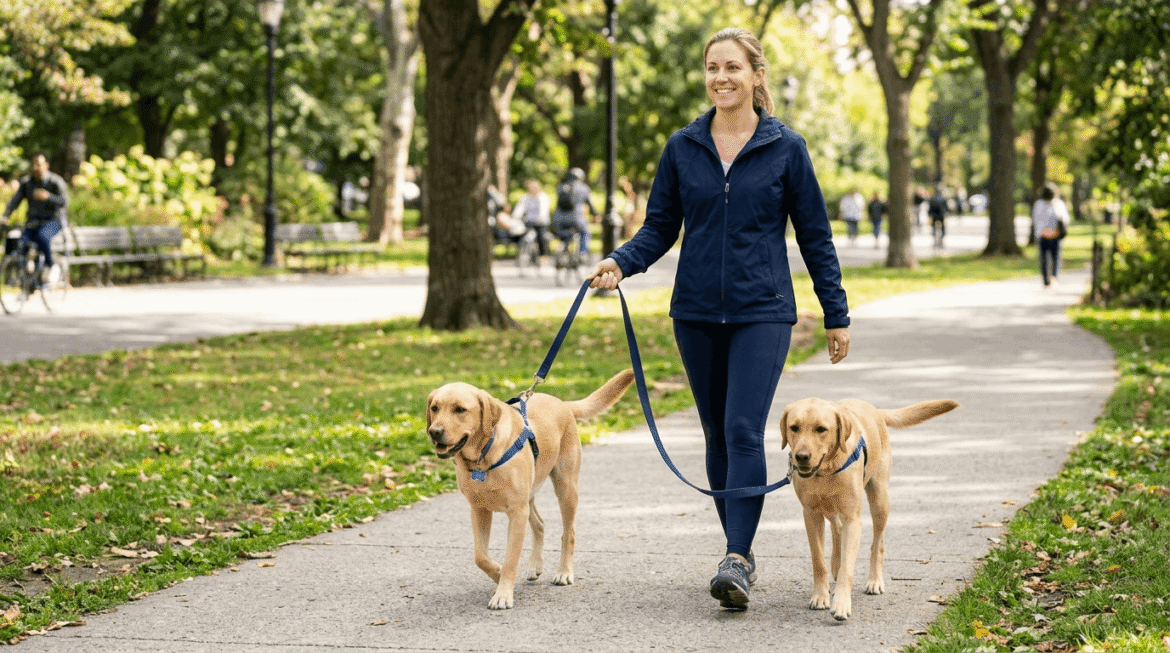 Loose leash walking tips featuring well-behaved dog walking without pulling and proper leash handling techniques.