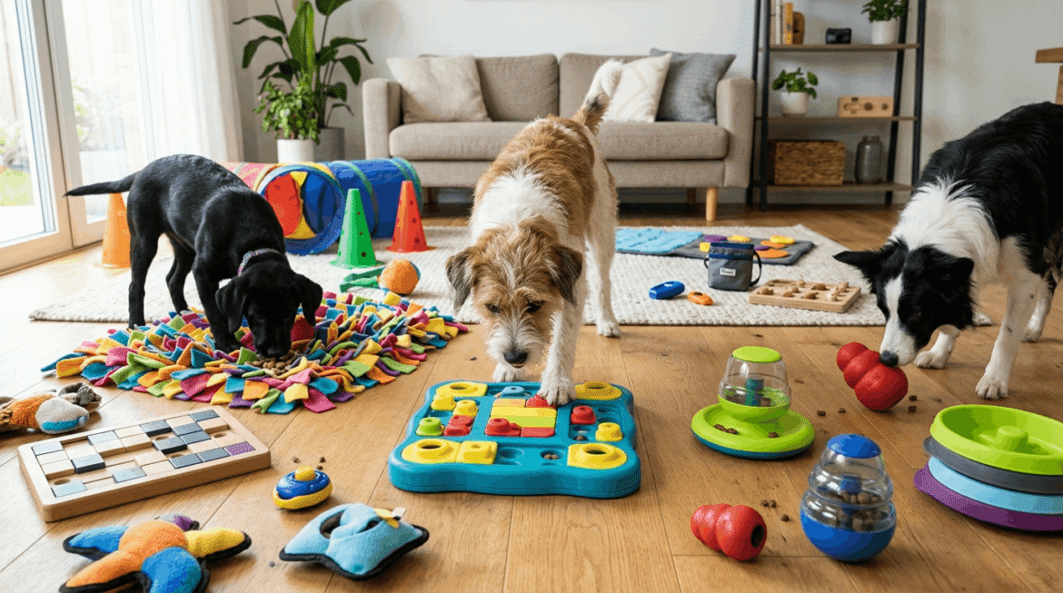 Mental stimulation ideas for dogs featuring puzzle toys, brain games, and cognitive enrichment activities.