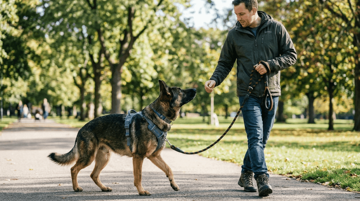 Safe walks for strong dog that pulls featuring no-pull harness and proper control techniques for managing powerful dogs.