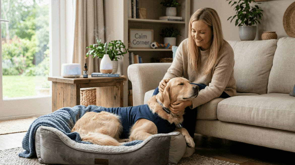 Reducing dog anxiety through calming environment and gentle owner reassurance