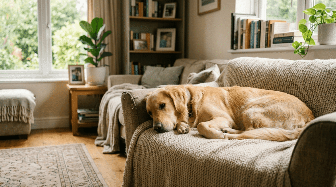 Calm dog at home showing peaceful and relaxed behavior in a comfortable home environment.