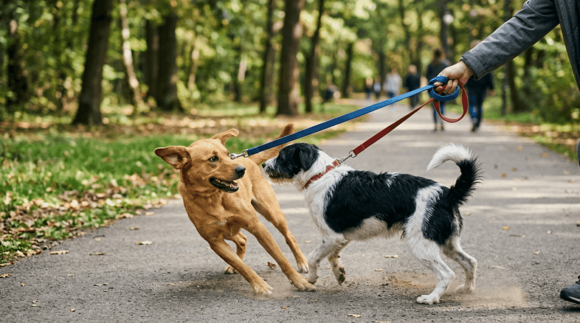 Dogs pulling on leash showing challenging walking behavior