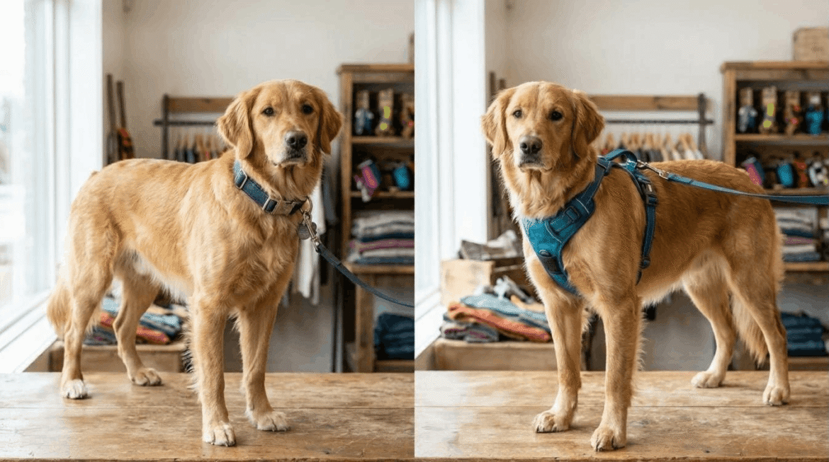 Collar vs harness comparison showing the differences between dog collars and harnesses for walking equipment.