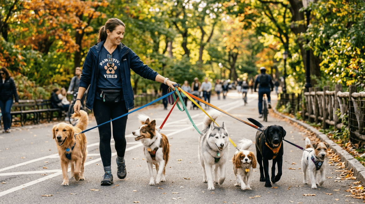 Walk multiple dogs showing person managing several dogs on leashes during a walk.