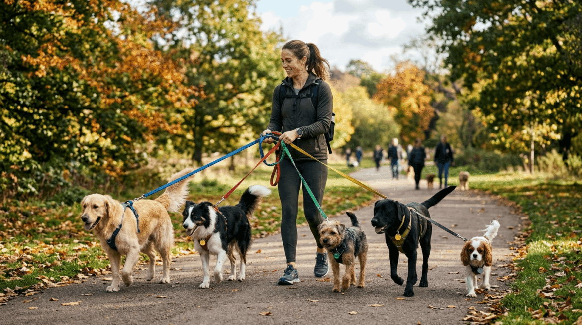 Walking multiple dogs with person managing several dogs on leashes