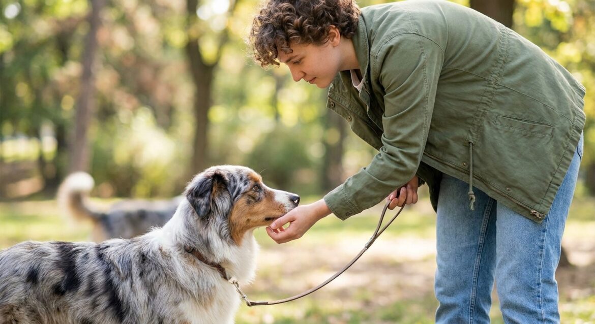 A person gently interacts with a beautiful merle Australian Shepherd on a leash in a park.