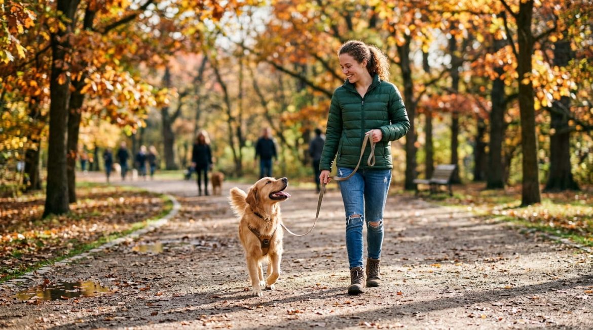 Comprehensive dog walking guide illustration showing multiple dog breeds of various sizes being walked by people in a park setting, demonstrating professional techniques and educational elements