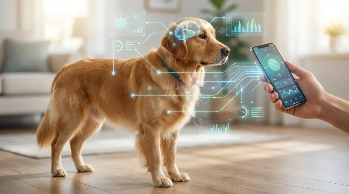 Expert Dog Walking Tips: AI dog training feedback showing a Golden Retriever with data overlays connected to a smartphone for