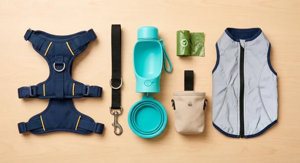 Premium dog walking gear essentials: blue harness, black leash, teal portable water bottle & bowl, waste bags, treat pouch,