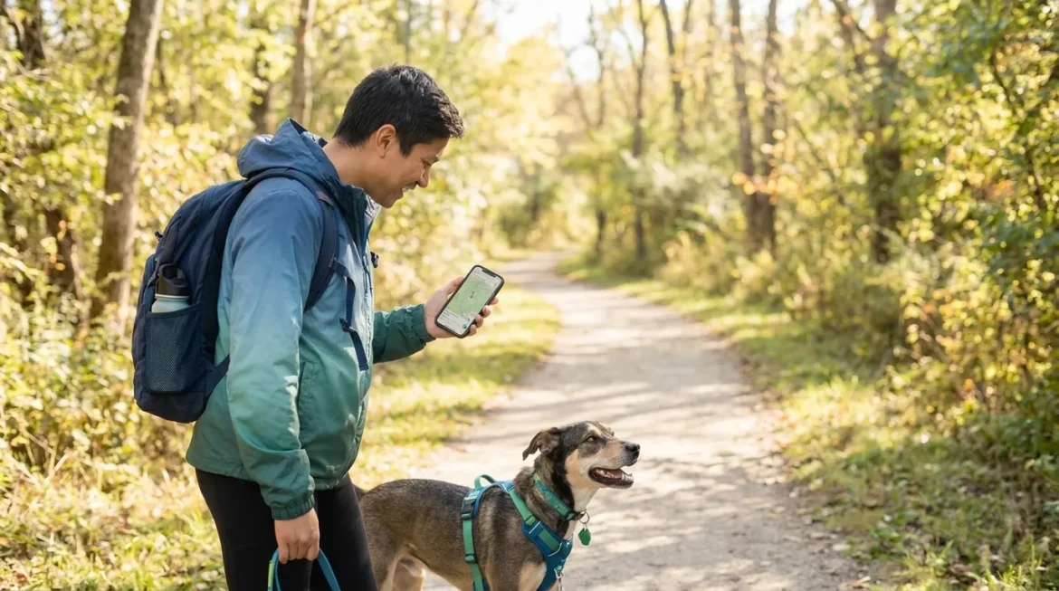 Man using a smartphone map app while walking his dog on a scenic trail, preventing dog walk boredom.