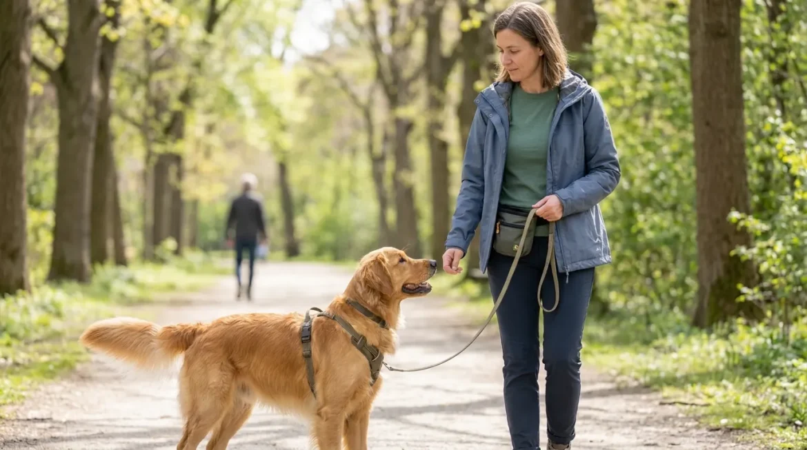 Woman walking a golden retriever on leash in a park, demonstrating calm handling for managing reactive dogs on leash.